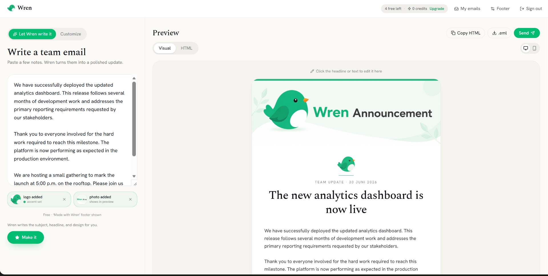 Wren preview of a designed Northwind team update email