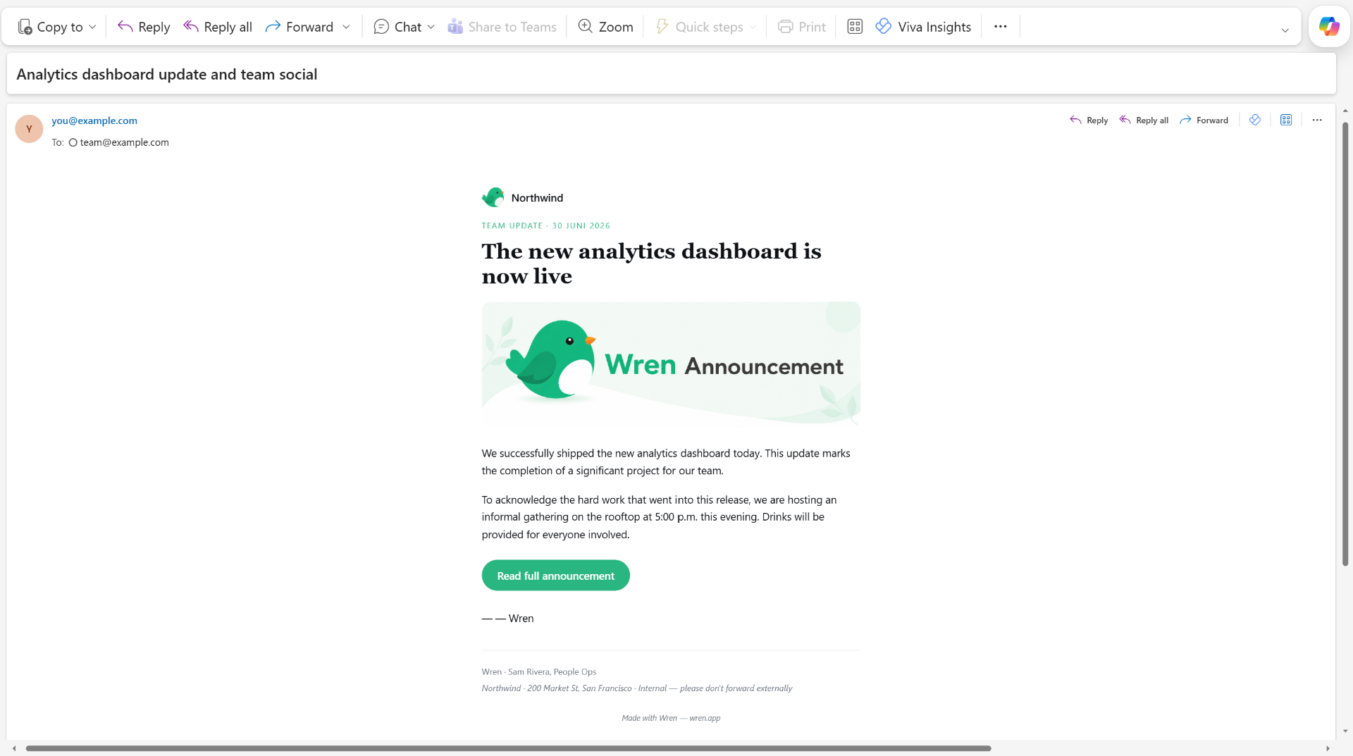 The finished Wren email arriving in a Microsoft Outlook inbox