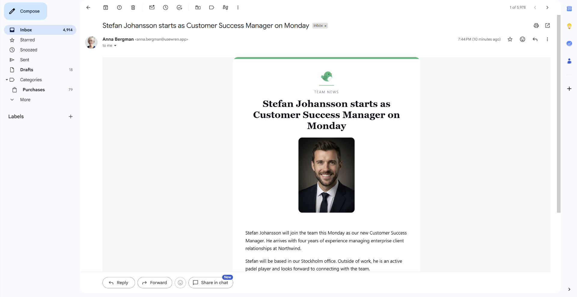 The finished Wren email about Stefan Johansson arriving in a Gmail inbox