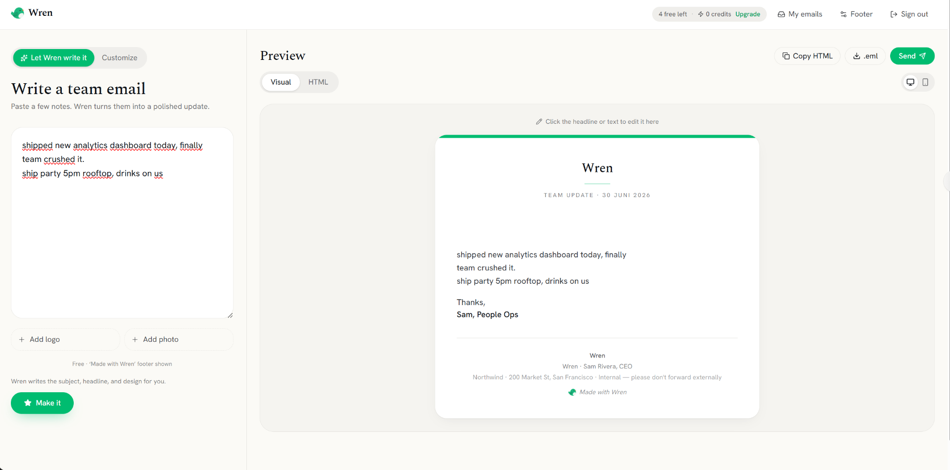 Wren creator screen showing a short brief typed into the form