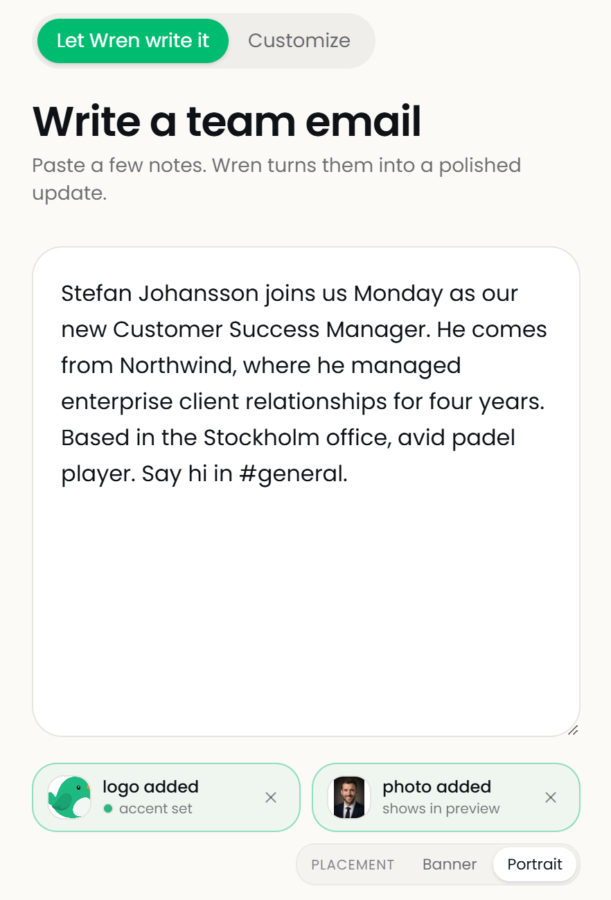 Wren creator screen with a short brief about Stefan Johansson joining as Customer Success Manager